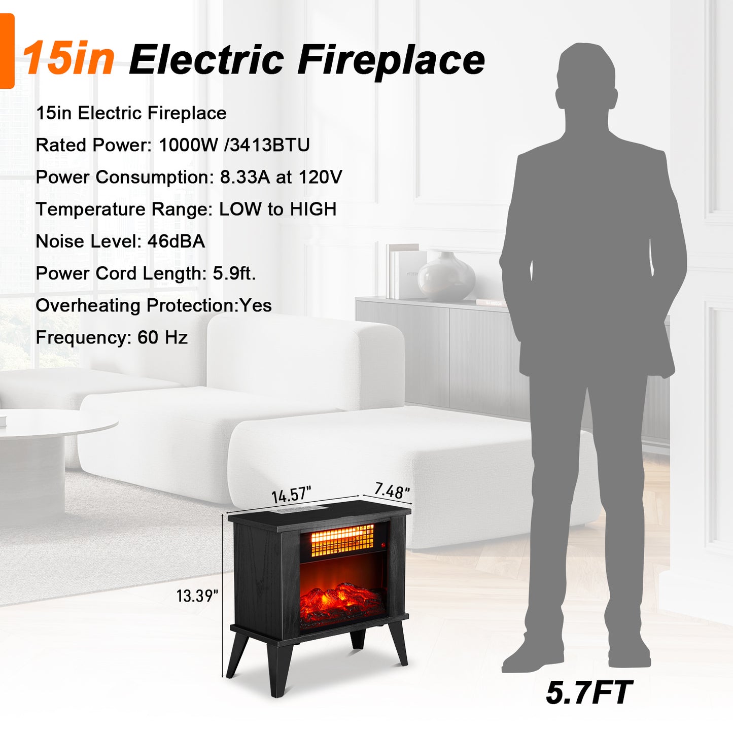 120V 1000W 15in Fireplace Black Wood Free-standing - Quartz Tube - 2nd Gear Temperature Control - With Fake Firewood - Single Color
