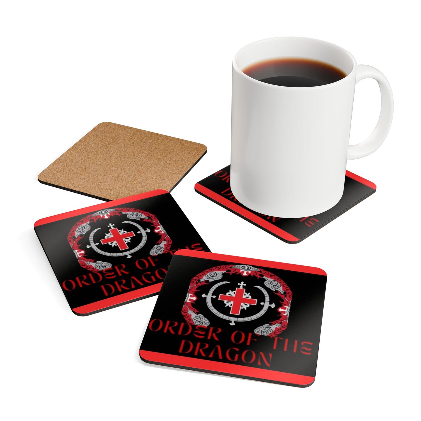 Order of the Dragon Corkwood Coaster Set | Rustic Home Decor, Gift for Gamers, Order of the Dragon, Unique Barware, Fantasy Drinkware