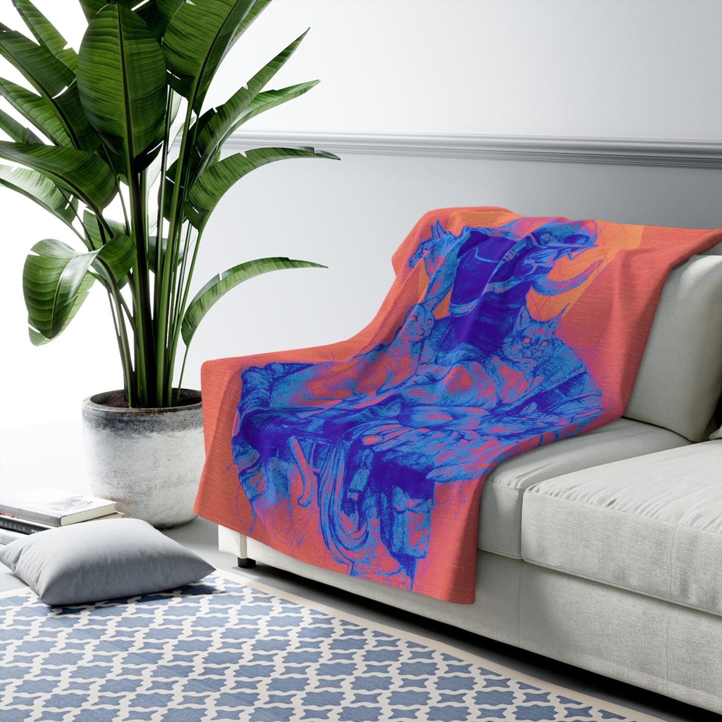 Cozy Sherpa Fleece Blanket Featuring Vibrant Cat Soldier Design, Perfect Gift for Cat Lovers, Space Themed Home Decor, Pet Lover's Gift