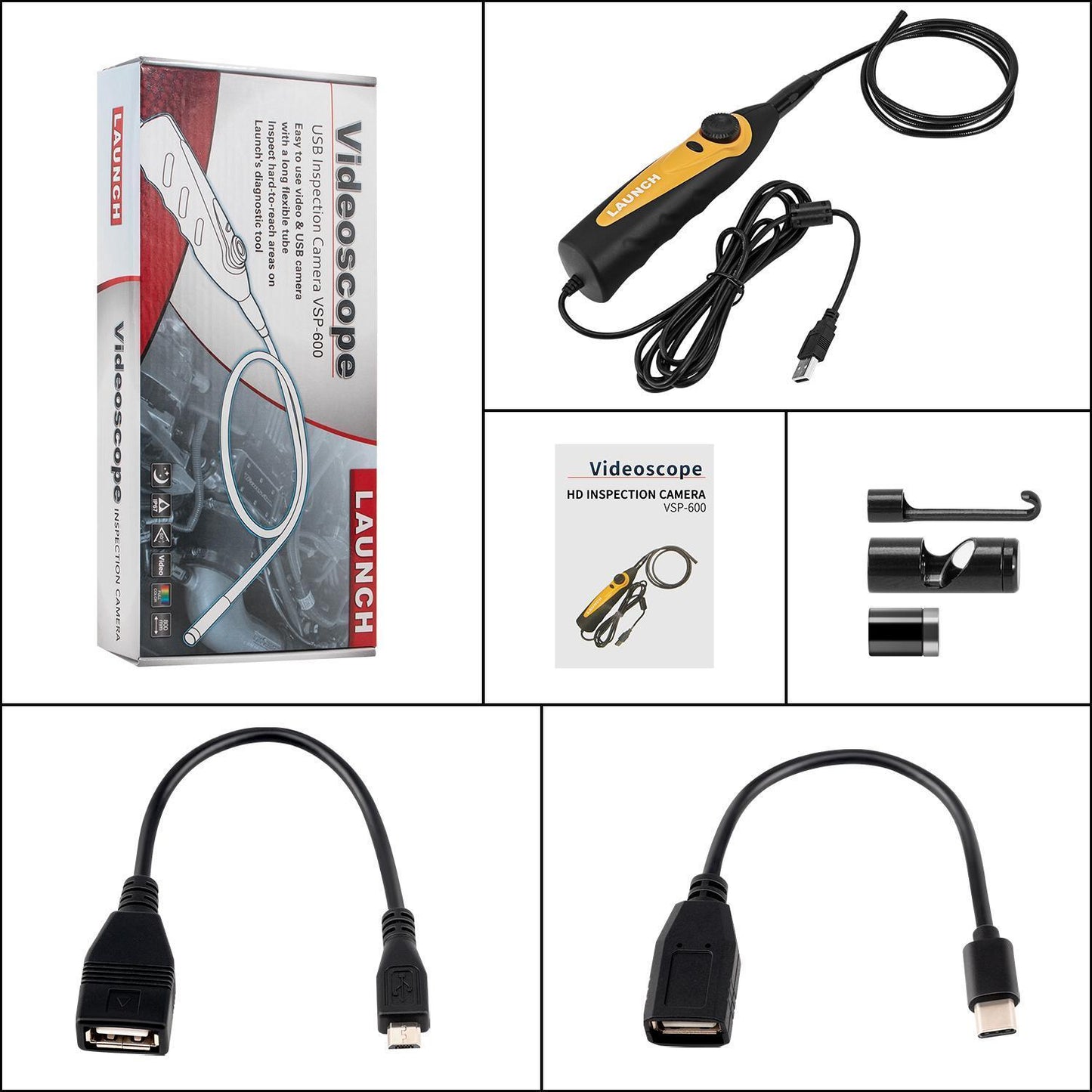 HD Waterproof Camera Video Endoscope 2m Cable 6-speed Adjustable LED Light Micro USB Type C Interface Car Special