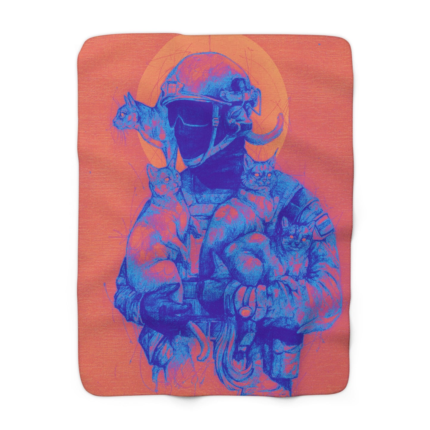 Cozy Sherpa Fleece Blanket Featuring Vibrant Cat Soldier Design, Perfect Gift for Cat Lovers, Space Themed Home Decor, Pet Lover's Gift