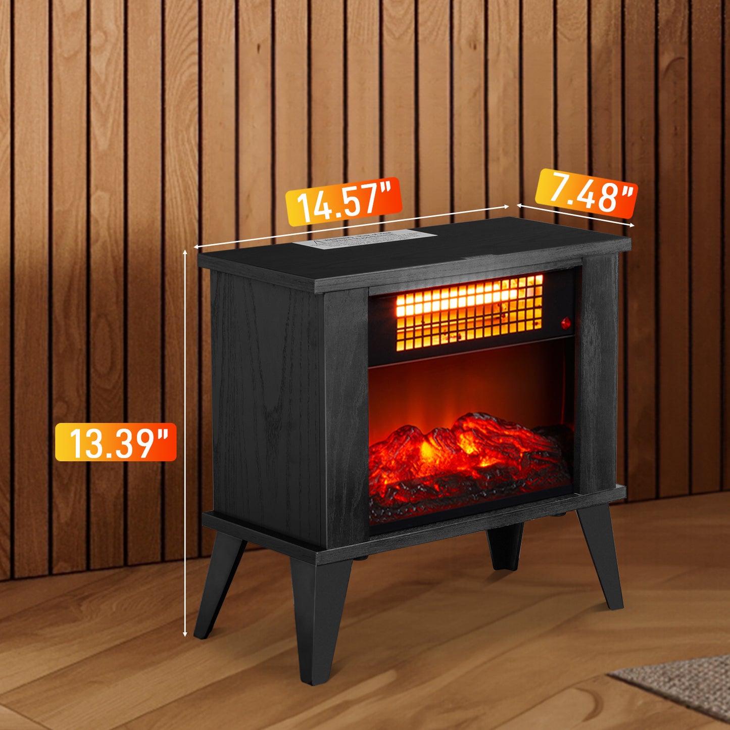 120V 1000W 15in Fireplace Black Wood Free-standing - Quartz Tube - 2nd Gear Temperature Control - With Fake Firewood - Single Color