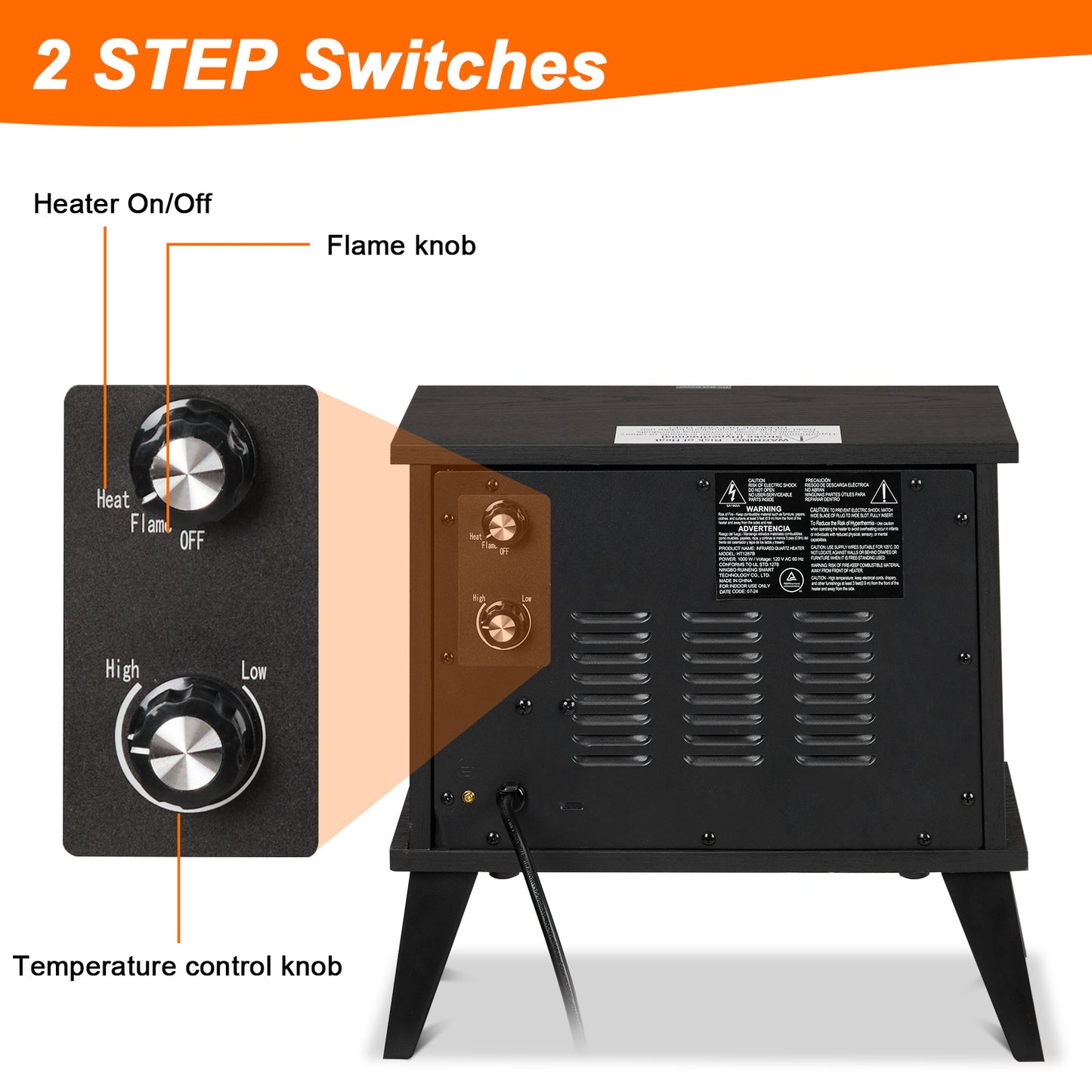 120V 1000W 15in Fireplace Black Wood Free-standing - Quartz Tube - 2nd Gear Temperature Control - With Fake Firewood - Single Color
