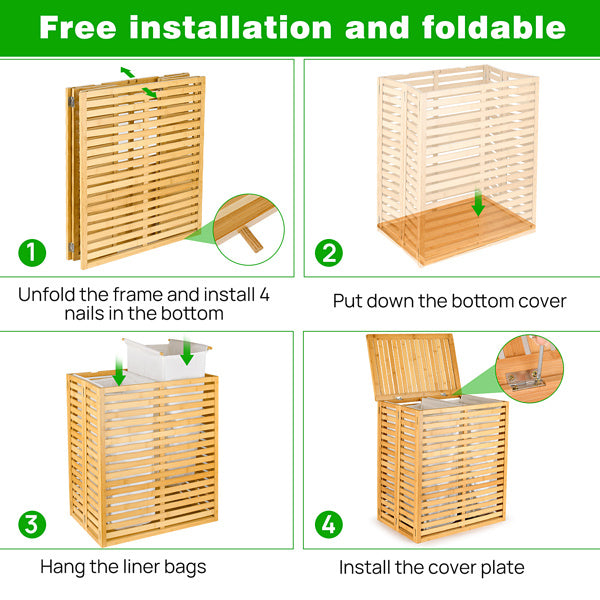 Bamboo Laundry Basket With Lid - Foldable Laundry Basket With 2 Sections Of Removable Lined Pockets For Bathroom, Bedroom And Laundry