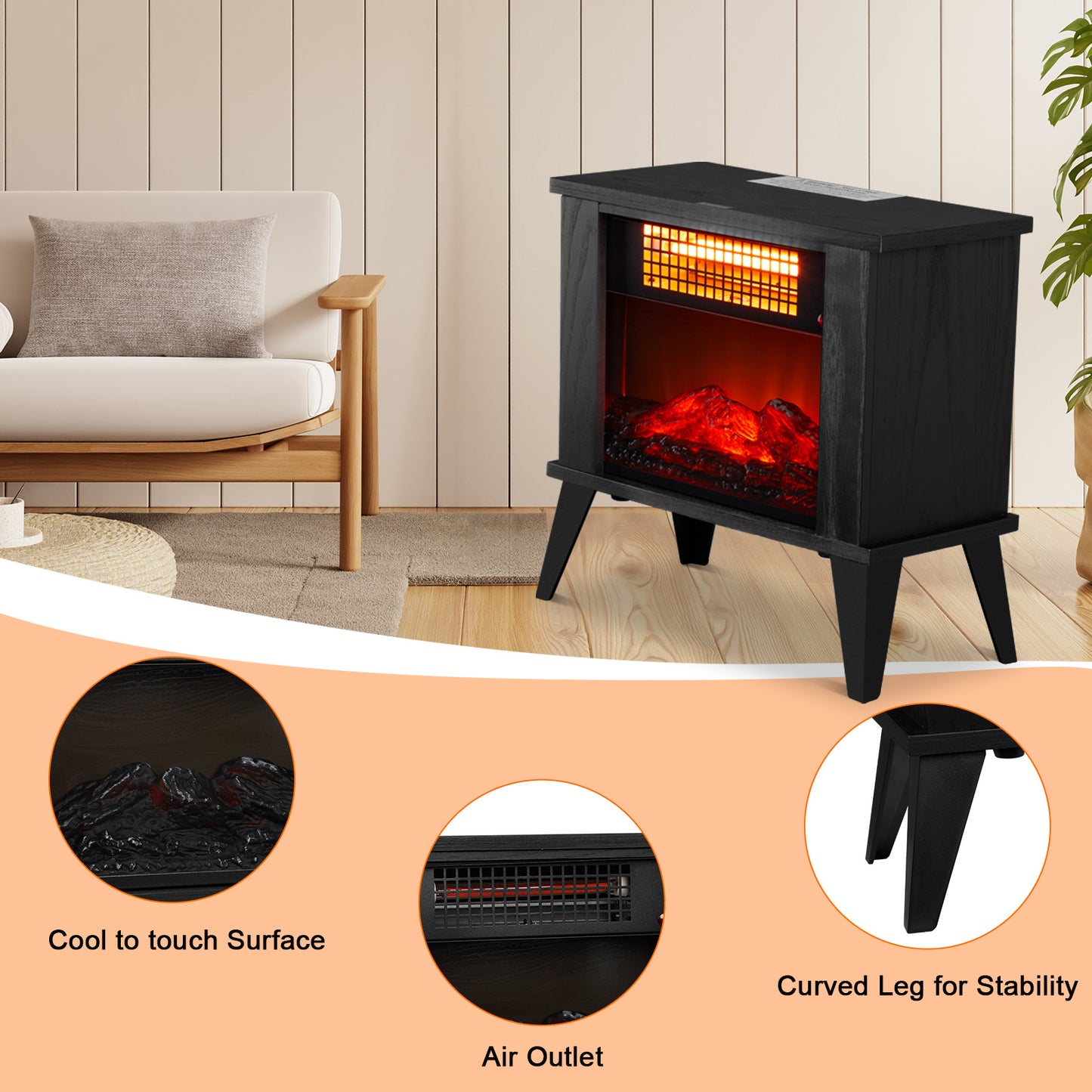 120V 1000W 15in Fireplace Black Wood Free-standing - Quartz Tube - 2nd Gear Temperature Control - With Fake Firewood - Single Color