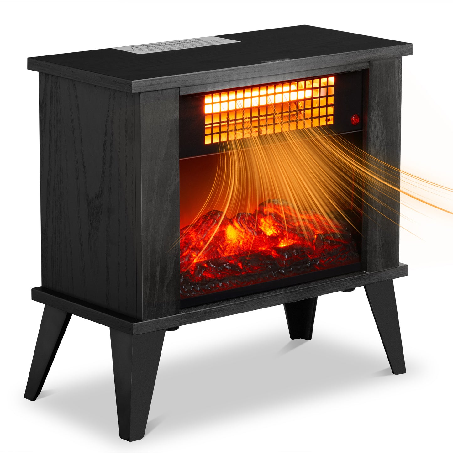 120V 1000W 15in Fireplace Black Wood Free-standing - Quartz Tube - 2nd Gear Temperature Control - With Fake Firewood - Single Color