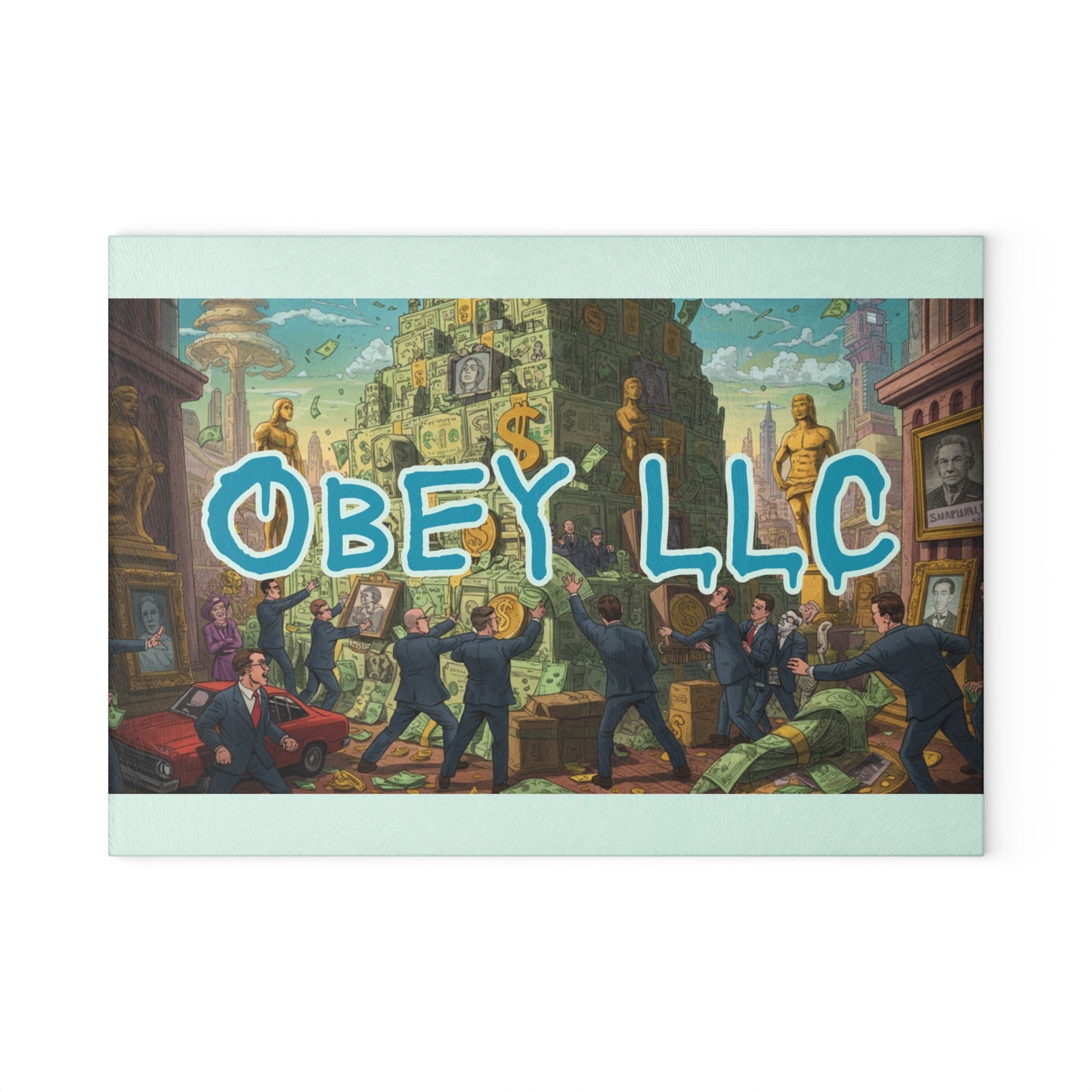 Artistic Glass Cutting Board with 'OBEY LLC' Design, Kitchen Decor, Gift for Chefs, Housewarming, Unique Kitchen Accessory