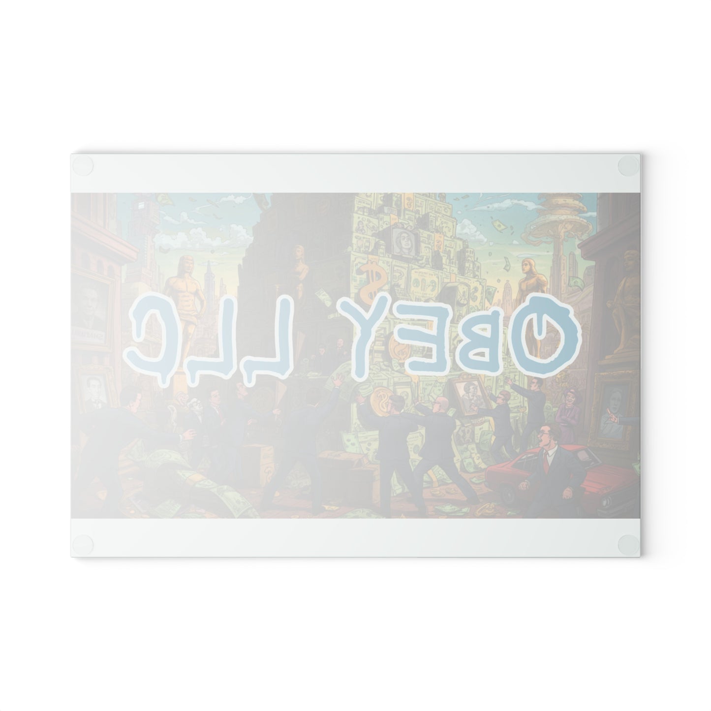 Artistic Glass Cutting Board with 'OBEY LLC' Design, Kitchen Decor, Gift for Chefs, Housewarming, Unique Kitchen Accessory