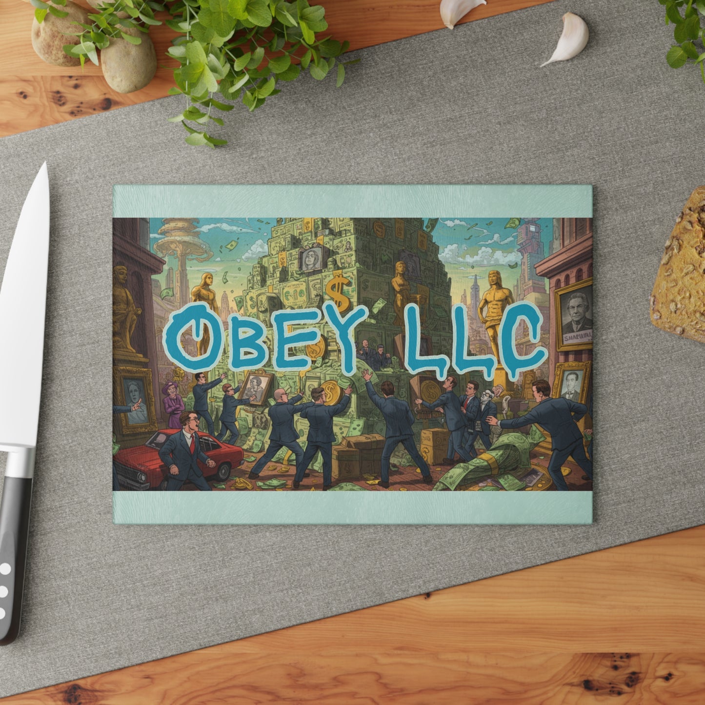 Artistic Glass Cutting Board with 'OBEY LLC' Design, Kitchen Decor, Gift for Chefs, Housewarming, Unique Kitchen Accessory