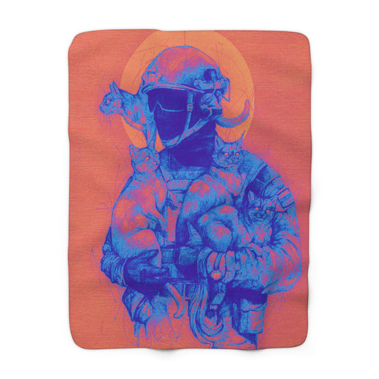 Cozy Sherpa Fleece Blanket Featuring Vibrant Cat Soldier Design, Perfect Gift for Cat Lovers, Space Themed Home Decor, Pet Lover's Gift